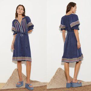 Boteh Jeanne Embroidered Smock Dress in Denim Blue 1 Small